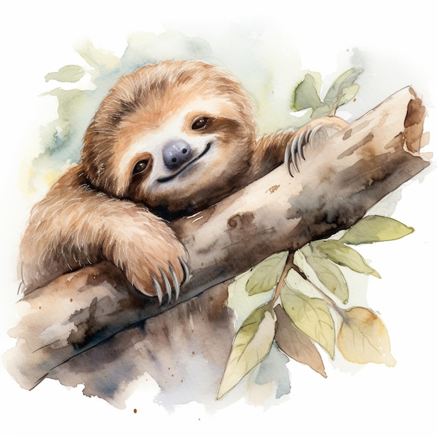 there is a watercolor painting of a sloth hanging on a tree branch generative ai