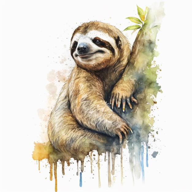 there is a watercolor painting of a sloth hanging on a tree generative ai