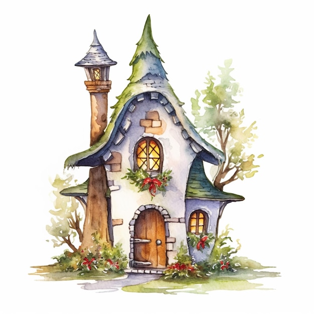 there is a watercolor painting of a small house with a tower generative ai