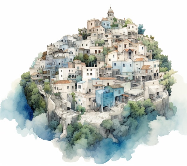 there is a watercolor painting of a small town on a hill generative ai