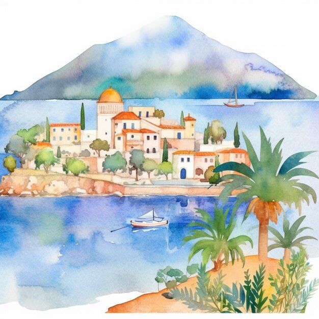 There is a watercolor painting of a small town on the shore generative ai