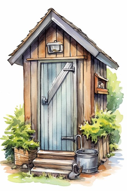 Photo there is a watercolor painting of a small wooden outhouse generative ai