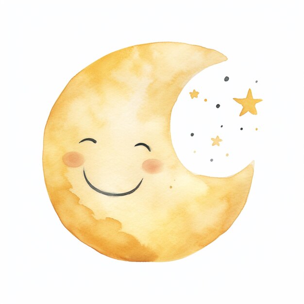 there is a watercolor painting of a smiling moon with a star generative ai