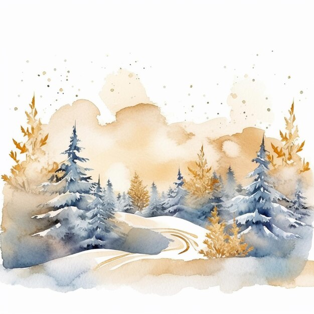 There is a watercolor painting of a snowy landscape with trees generative ai