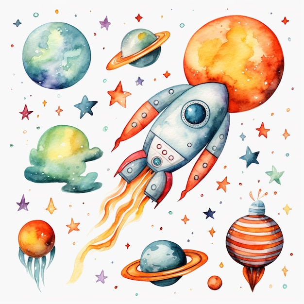 there is a watercolor painting of a space rocket ship and planets generative ai