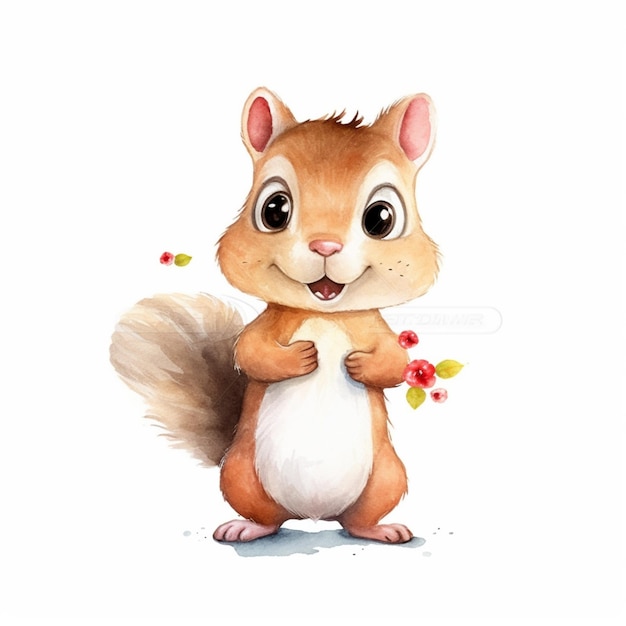 Photo there is a watercolor painting of a squirrel holding a flower generative ai
