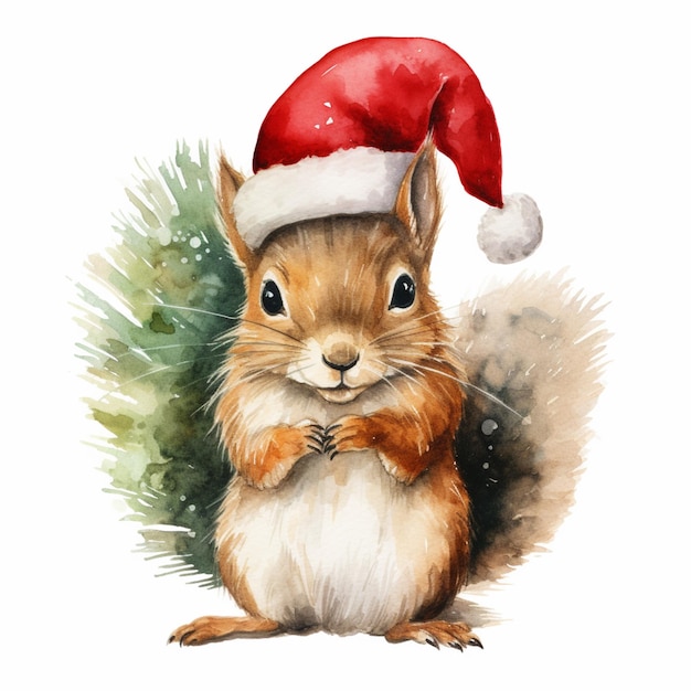 there is a watercolor painting of a squirrel wearing a santa hat generative ai