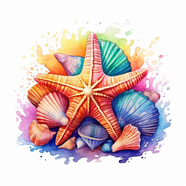 there is a watercolor painting of a starfish and shells generative ai