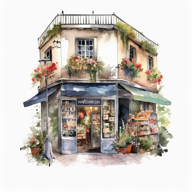 There is a watercolor painting of a store front with flowers generative ai