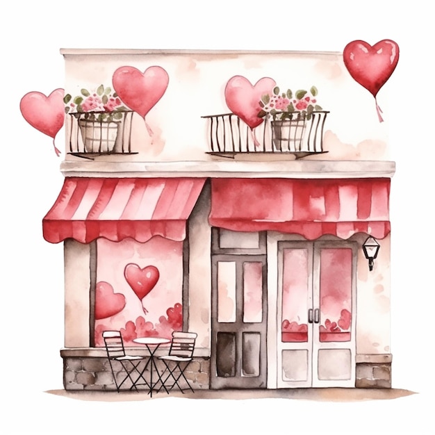 There is a watercolor painting of a store front with a lot of hearts generative ai