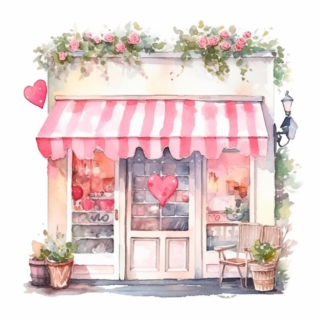 ピンクの屋根裏飾りのある店のフロントの水彩の絵画があります