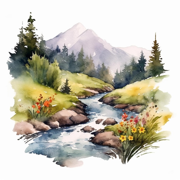 There is a watercolor painting of a stream in the mountains generative ai