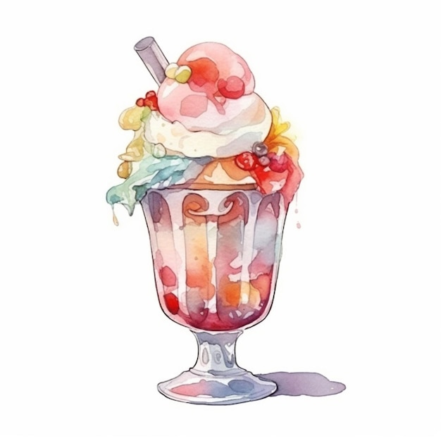 Есть акварельная картина мороженого с мороженым и фруктовым генеративным искусственным интеллектом.