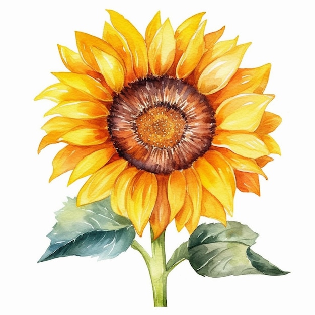 there is a watercolor painting of a sunflower with leaves generative ai