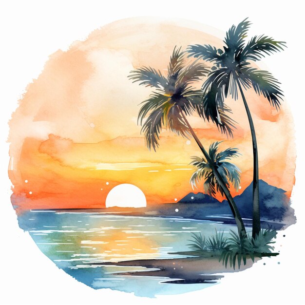 There is a watercolor painting of a sunset with palm trees generative ai