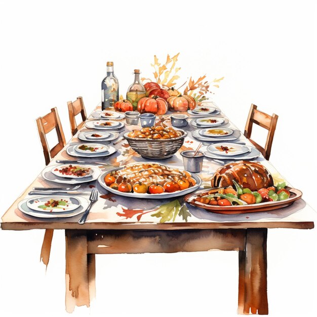 Photo there is a watercolor painting of a table with a lot of food generative ai