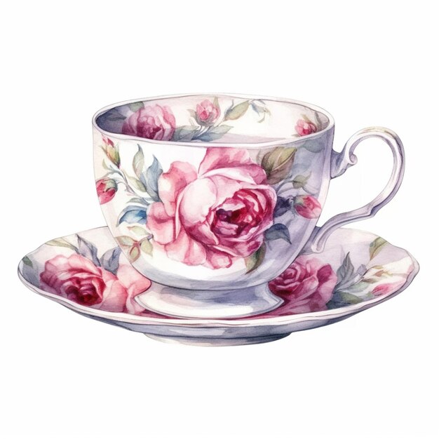 there is a watercolor painting of a tea cup and saucer generative ai