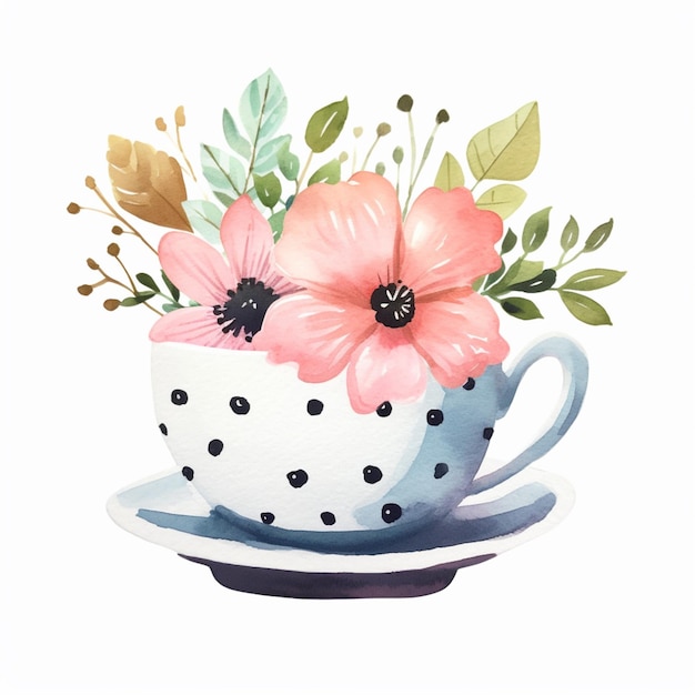 Foto c'è un dipinto ad acquerello di una tazza di tè con fiori al suo interno ai generativi