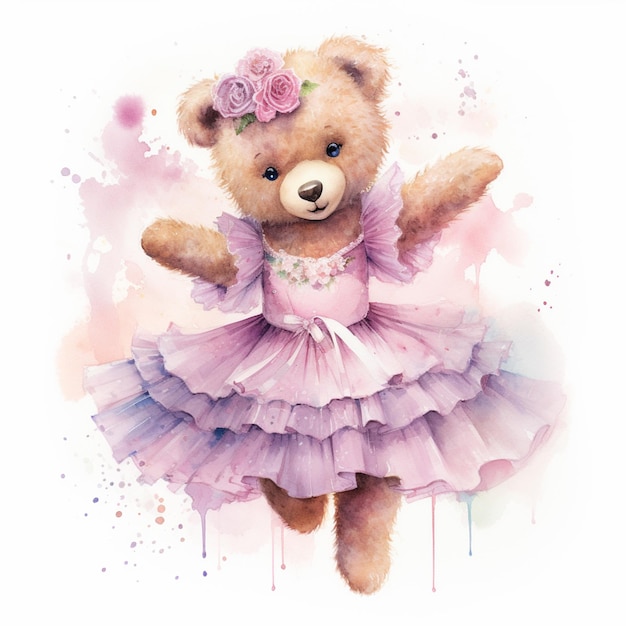 Photo there is a watercolor painting of a teddy bear dressed in a dress generative ai