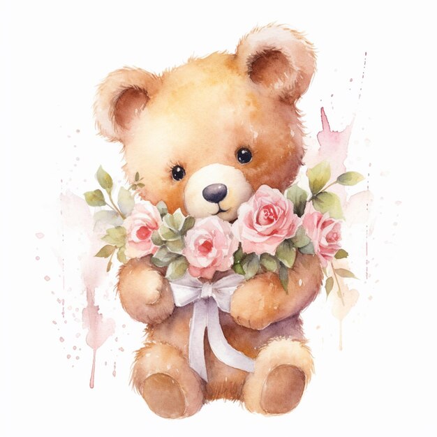 There is a watercolor painting of a teddy bear holding a bouquet of flowers generative ai