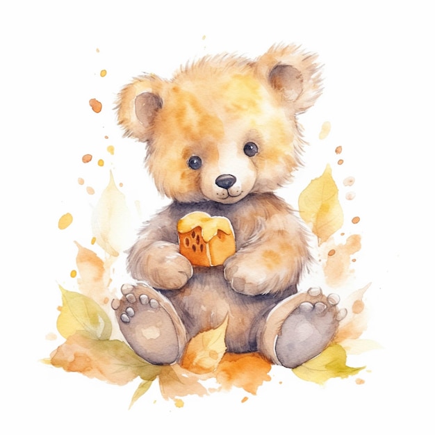 There is a watercolor painting of a teddy bear holding a cookie generative ai