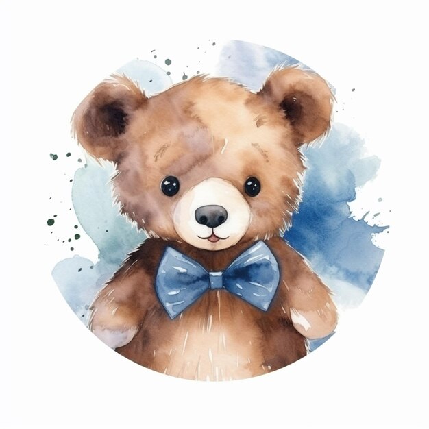 Есть акварельная картина плюшевого медведя в галстуке-бабочке.