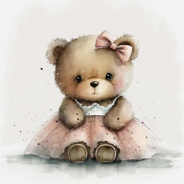 There is a watercolor painting of a teddy bear wearing a dress generative ai