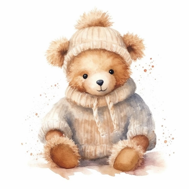 there is a watercolor painting of a teddy bear wearing a sweater generative ai