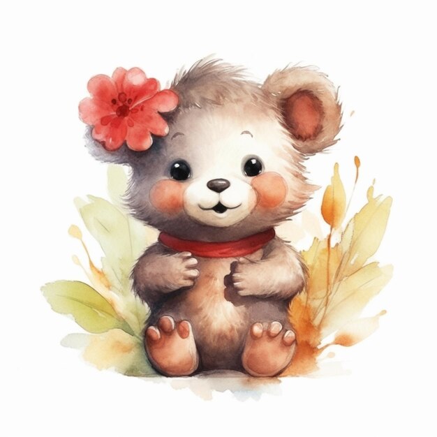 Photo there is a watercolor painting of a teddy bear with a flower in its hair generative ai