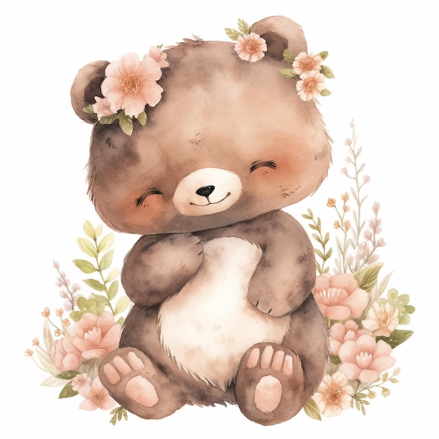 there is a watercolor painting of a teddy bear with flowers generative ai