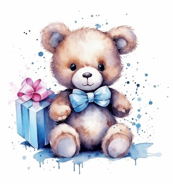 There is a watercolor painting of a teddy bear with a gift generative ai