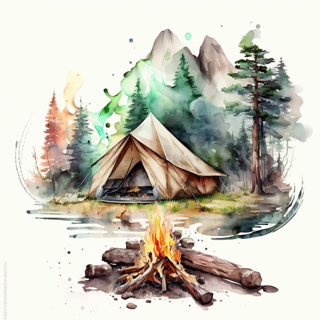 There is a watercolor painting of a tent and a campfire generative ai