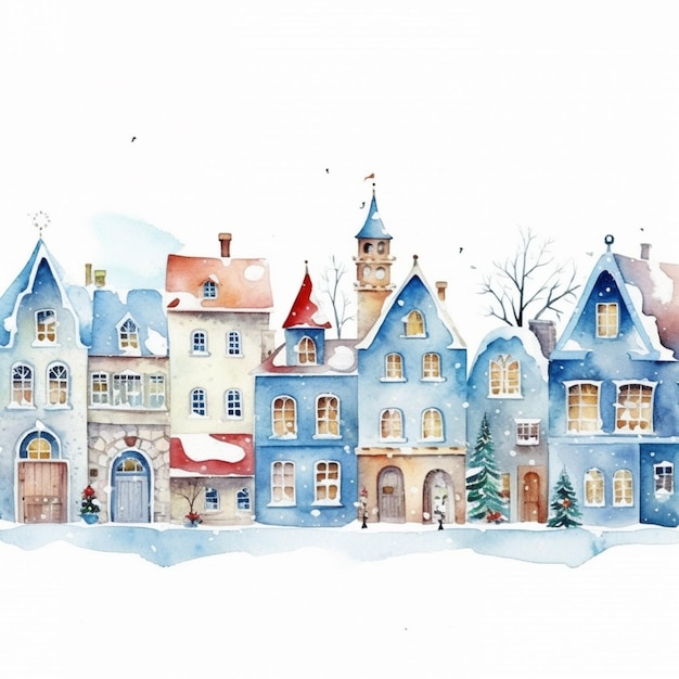 There is a watercolor painting of a town with a clock tower generative ai