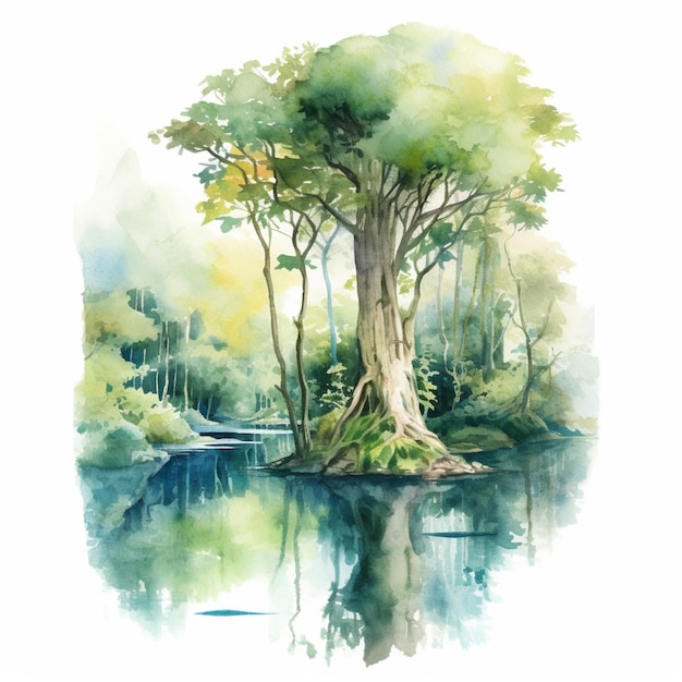 There is a watercolor painting of a tree by the water generative ai