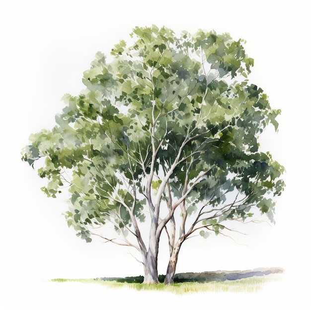 there is a watercolor painting of a tree in a field generative ai