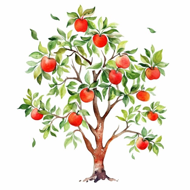 Photo there is a watercolor painting of a tree with apples on it generative ai