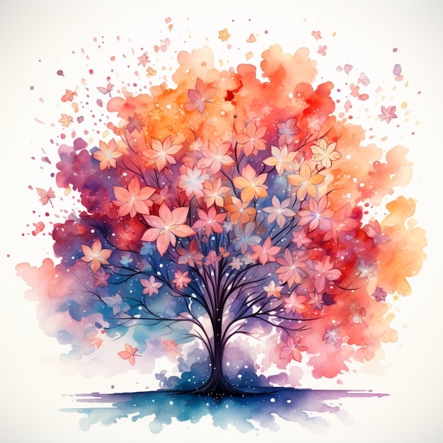 there is a watercolor painting of a tree with many leaves generative ai