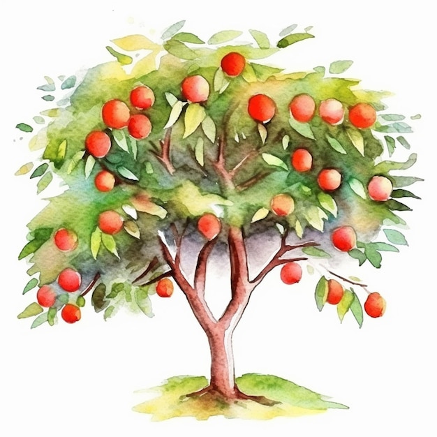 There is a watercolor painting of a tree with oranges on it generative ai