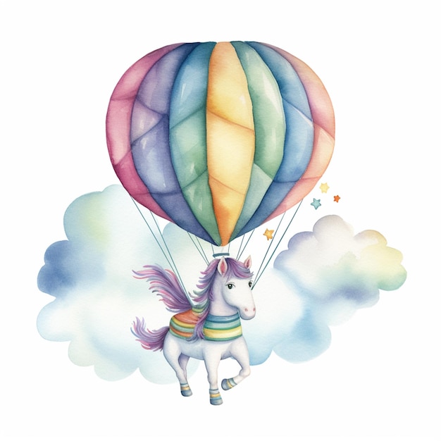 there is a watercolor painting of a unicorn flying in a hot air balloon generative ai