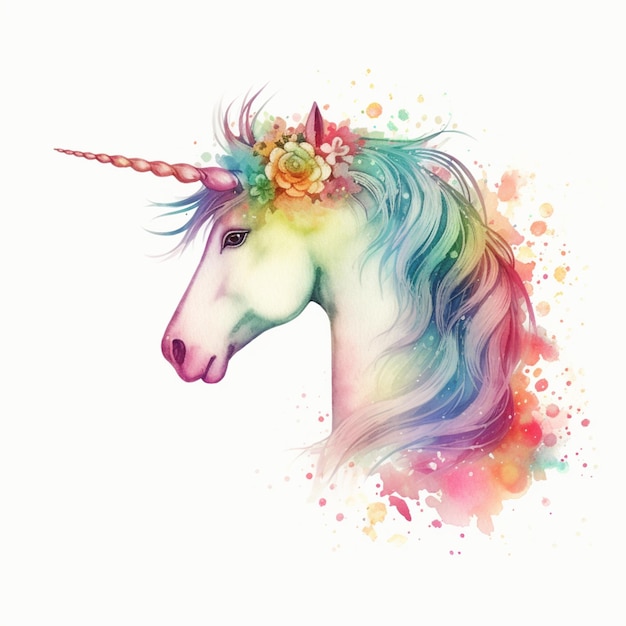 there is a watercolor painting of a unicorn with a flower crown generative ai