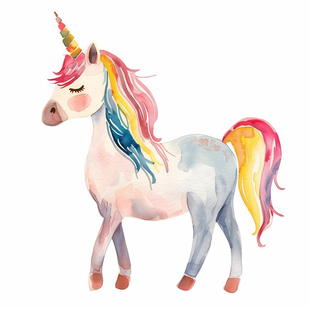 Photo there is a watercolor painting of a unicorn with a rainbow mane generative ai