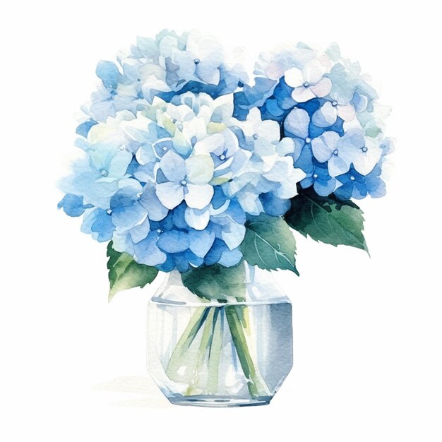 there is a watercolor painting of a vase with blue flowers generative ai