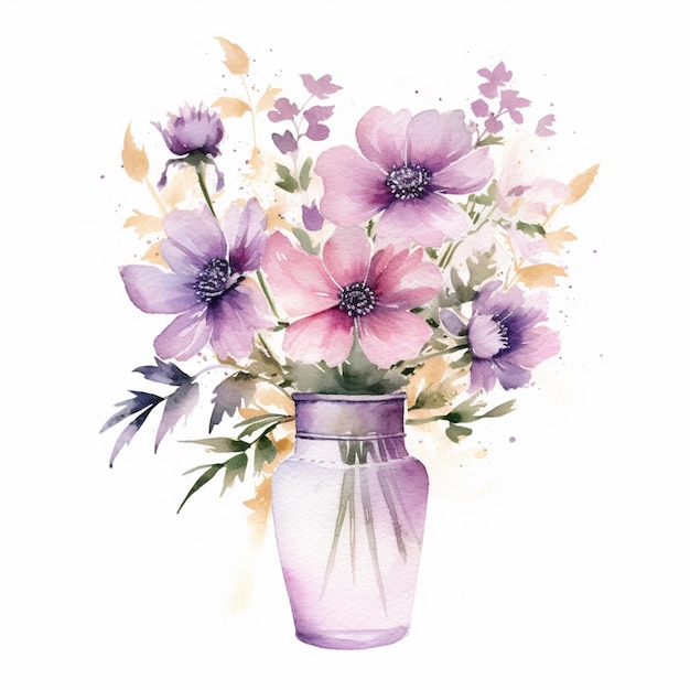 There is a watercolor painting of a vase with flowers in it generative ai