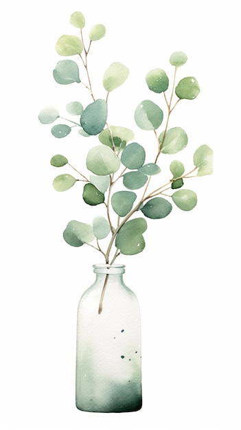 There is a watercolor painting of a vase with a plant in it generative ai