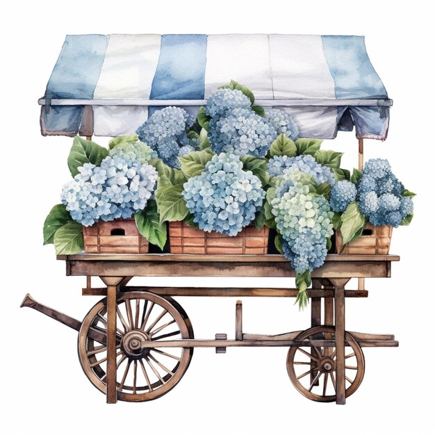 There is a watercolor painting of a wagon with blue flowers generative ai