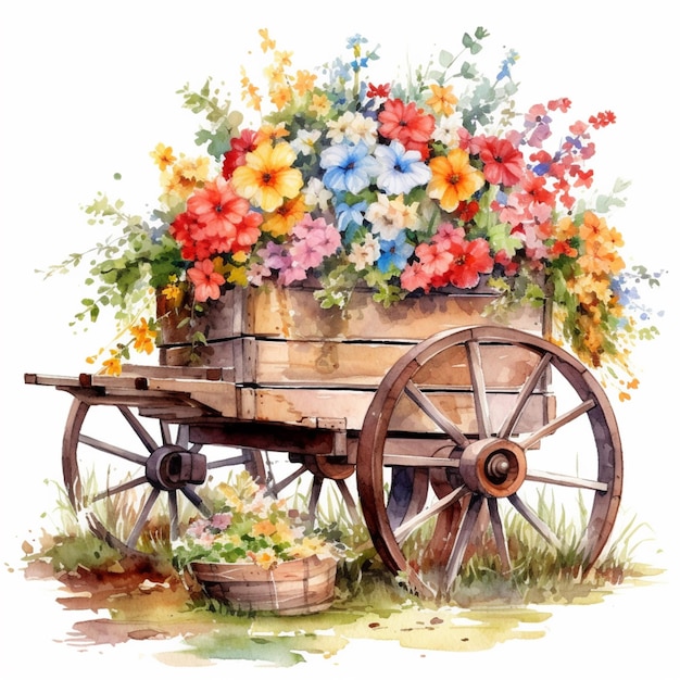 there is a watercolor painting of a wagon with flowers in it generative ai