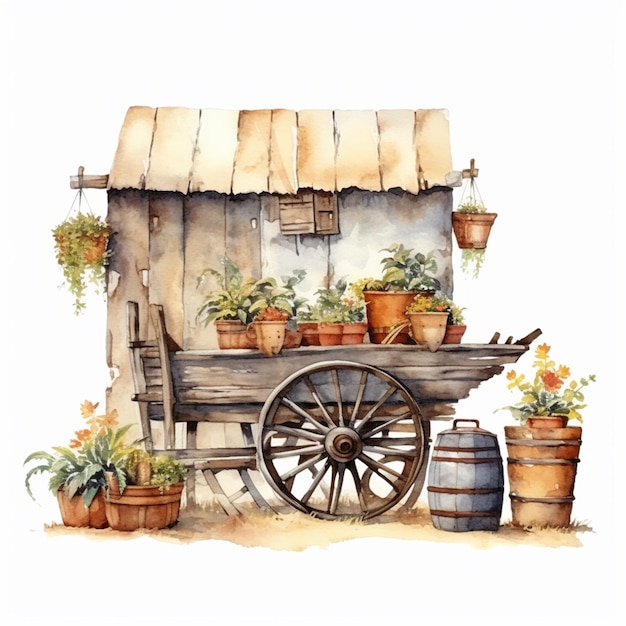 Photo there is a watercolor painting of a wagon with potted plants generative ai