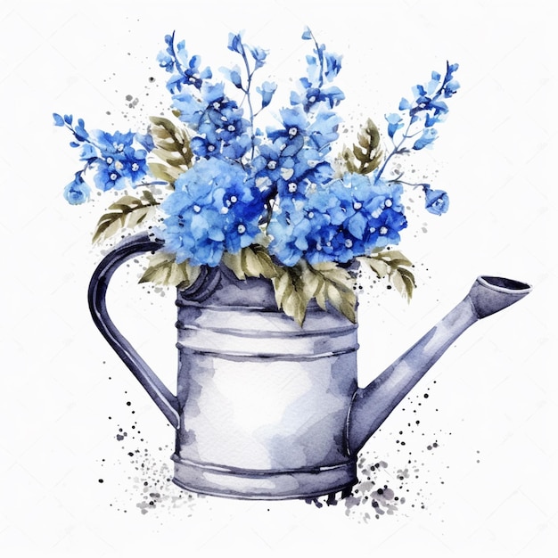 There is a watercolor painting of a watering can with blue flowers generative ai