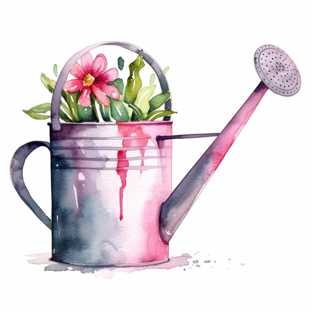 there is a watercolor painting of a watering can with flowers generative ai