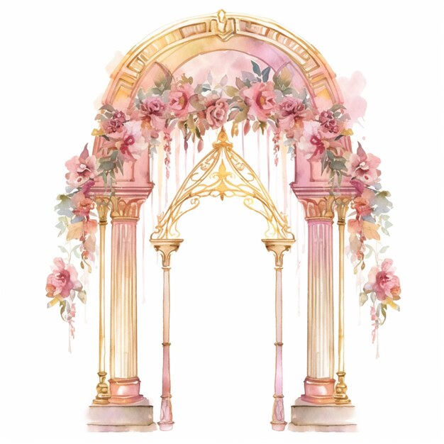 Photo there is a watercolor painting of a wedding arch with flowers generative ai